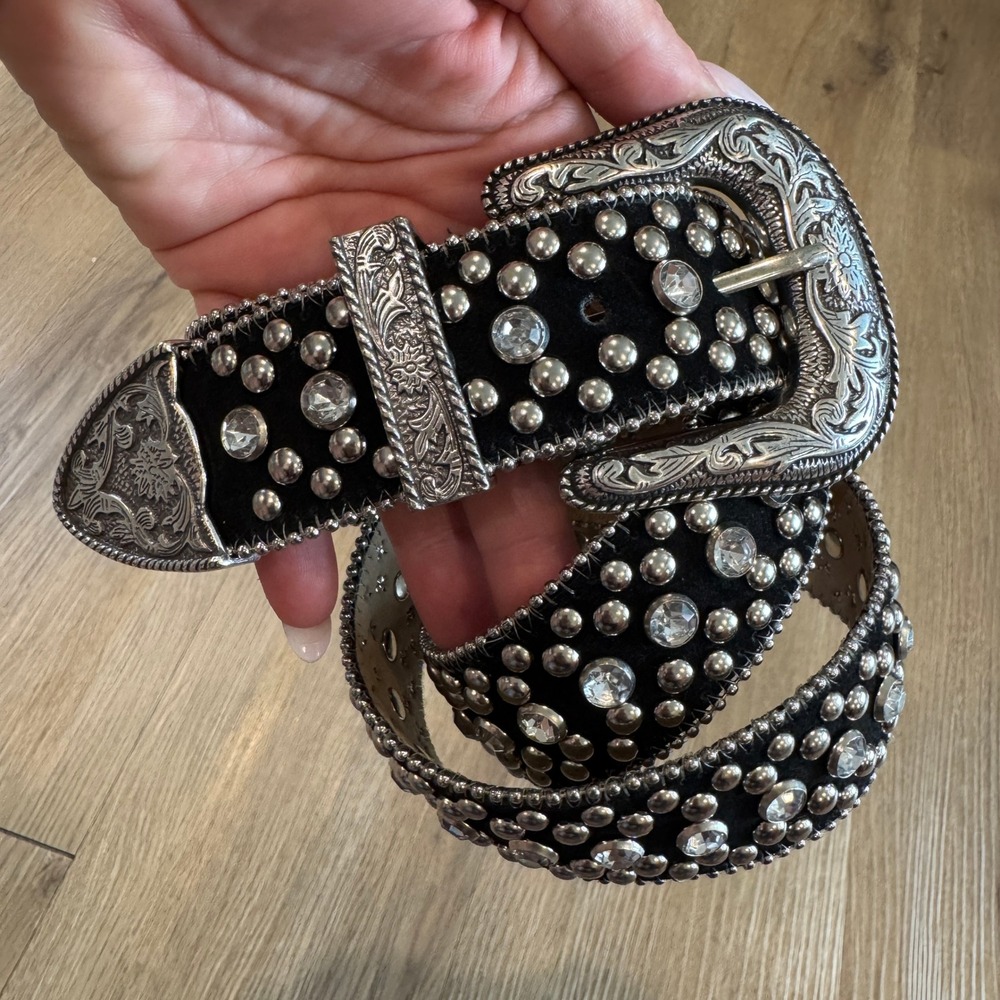 Y2K Guess Western Black Velvet Studded Rhinestone Belt Silver Engraved Buckle 36